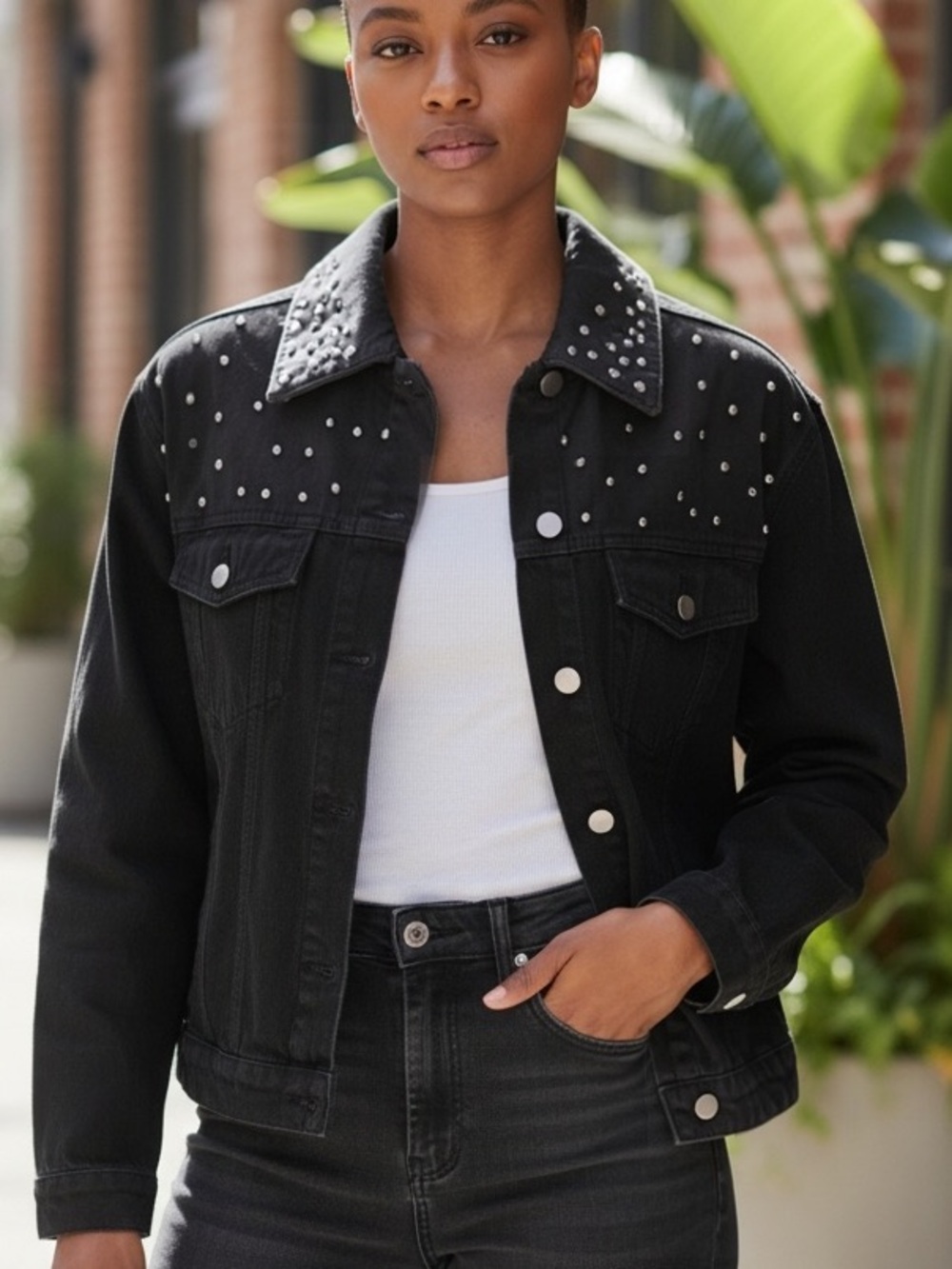 Ontwelfth Studded Rhinestone Black Denim Jacket XL EUC Y2K Vintage Americana